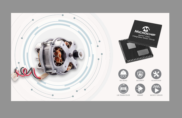 Microchip社がコントローラとゲートドライバと通信をシングルデバイスに統合する、dsPIC（R） DSCをベースにした新しい統合型モータドライバを発表